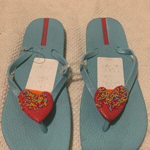 Blue Flip Flops with Red Heart Accents